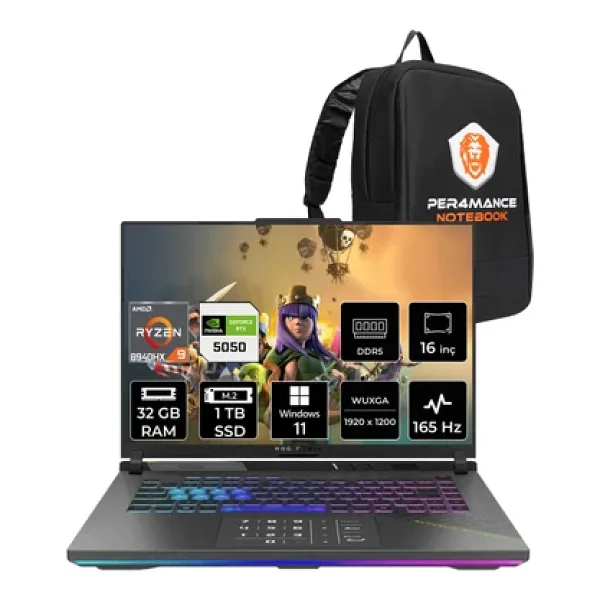 ASUS Rog Strix G16 R9 8940HX 32GB 1TB SSD RTX5050/8GB 165Hz 16" WUXGA W11H Gaming Laptop G614PH