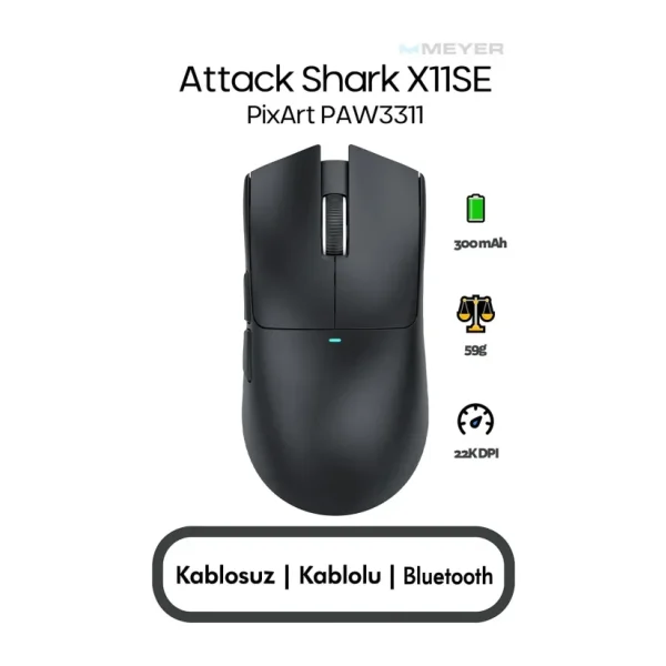 Attack Shark X11SE Siyah Şarjlı Makrolu Ergonomik Optik Kablolu/Kablosuz Oyuncu Mouse