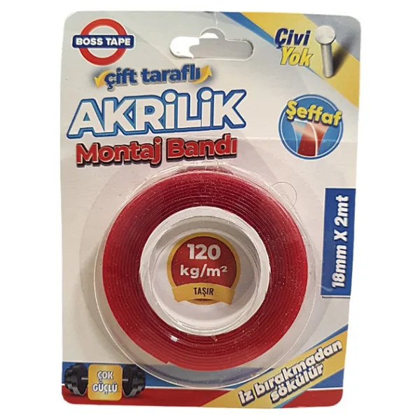 Boss Tape Çift Taraflı Akrilik Montaj Bandı Şeffaf 18 mm x 2 M