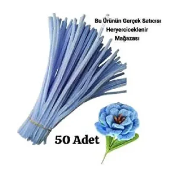 Butik 50 Adet Açık Mavi Şönil, Çiçek Yapımına Uygun Tüylü Tel, 30 Cm 6mm