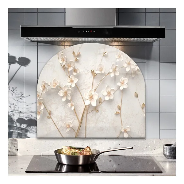 Decorita Cam Ocak Arkası Koruyucu Oval Şekilli Beyaz Çiçek - Gold 52cm X 60cm