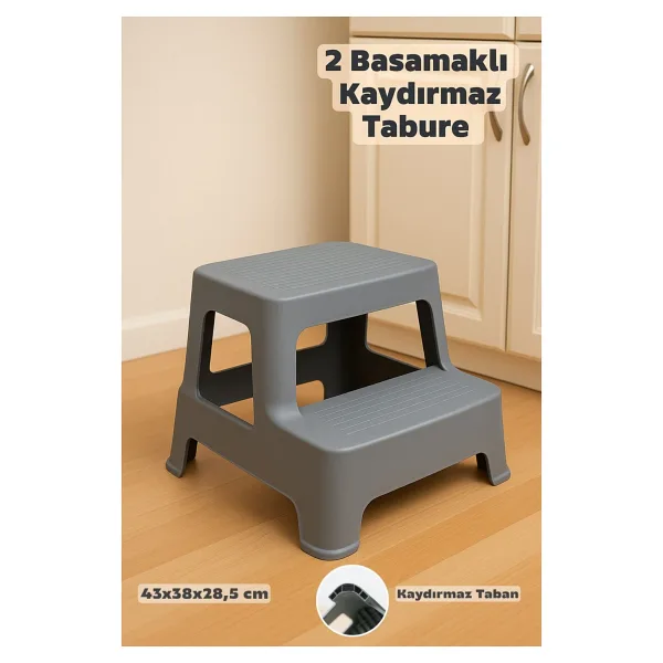 Funny Life 2 Basamaklı Luks Merdiven Tabure - Kaydırmaz Tabanlı Çok Amaçlı Basamaklı Tabure - Gri