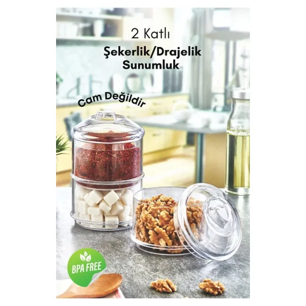 GRİMOR Life 2 Katlı Akrilik Şekerlik Drajelik Çerezlik Lokumluk Kurabiyelik Sunum Seti- CAM DEĞİLDİR