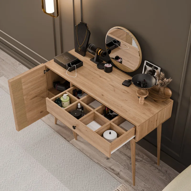 Mezza 2244 Love Aynalı(AHŞAP AYAKLI)MDF PROFİL ÇERÇEVELİ Çekmeceli-Kapaklı 120Cm Makyaj Masası Sepet Yunus Meşe