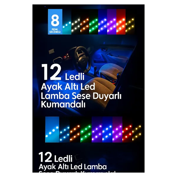 Miomi Araç Içi Aydınlatma Kumandalı Müziğe Duyarl 12 Led Ayak Altı Led - 7 Renk Rgb Pra-443095-7597