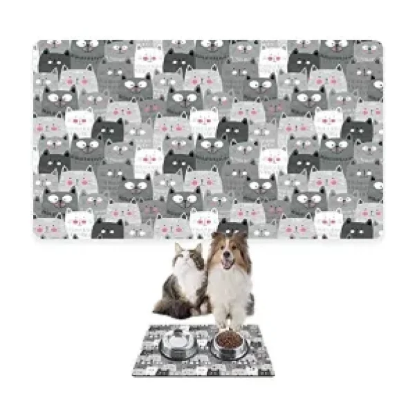 Monnhein Mama ve Su Evcil Hayvan Beslenme Matı, Kolay Temizlenen Emici Su Geçirmez Kumaş, Küçük Orta Boy ve Büyük Kedi ve Köpekler için Dayanıklı Köpek Kedi Paspas (40x60, Gri Kediler)