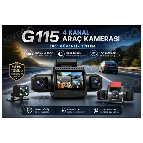 Nvg 4 Kameralı Araç Kamerası 360° Güvenlik Sistemi Ön Arka İç Kayıt Gece Görüş 170° Geniş Açı Full HD 1080P Dash Cam