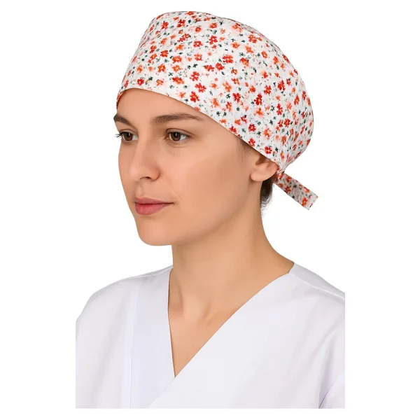 Okanmed Kırmızı Çiçekli Doktor Hemşire Aşçı Cerrahi Bone Hastane Bone Bandana M454