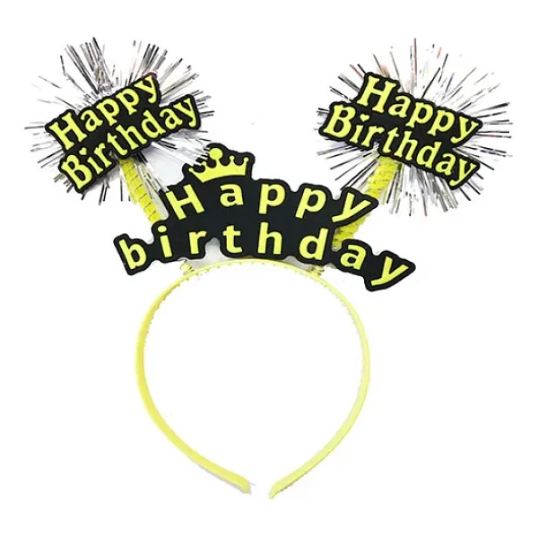 Parti Happy Birthday Püsküllü Neon Sarı Renk Doğum Günü Tacı 22x19 cm
