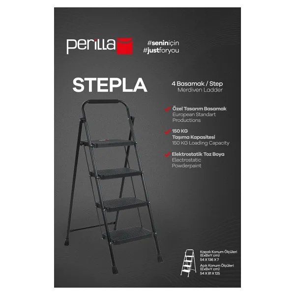 Perilla 51404 Stepla Geniş 4 Basamaklı Katlanır Merdiven Eurotower Siyah