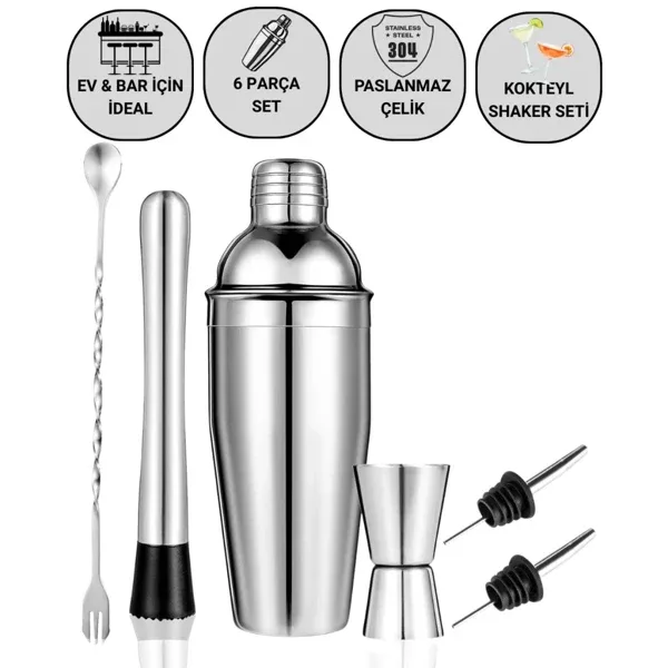 Polham 6 Parça 750ML Paslanmaz Çelik Kokteyl Shaker Seti - Ev ve Bar İçin İdeal, Sızdırmaz kapaklı