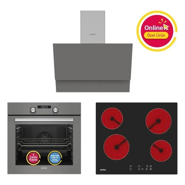 Simfer 4 Fonkisyon Trend Dijital Gri Power Turbo Elektrikli 3'Lü Ankastre Set (Fırın + Elektrikli Ocak + Davlumbaz)
