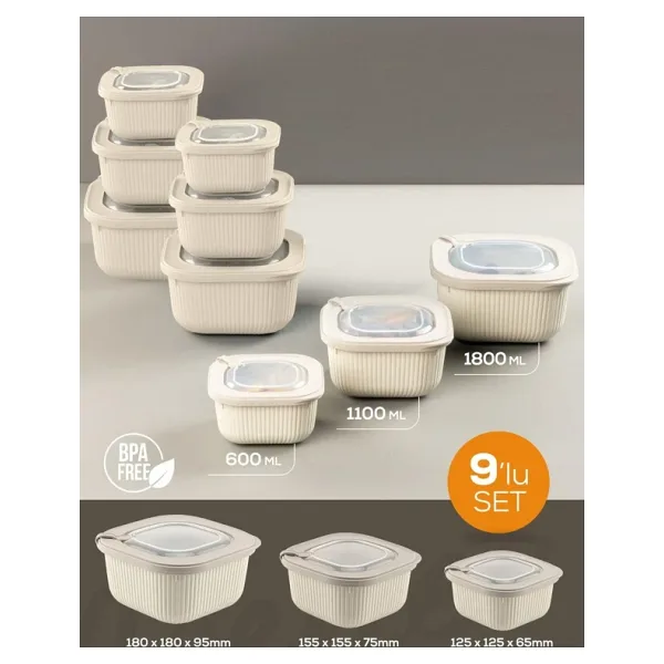 Vienev 9'lu 3x(600-1100-1800 ML) Mikrodalga Ve Difrize Uygun Vip Kapaklı Özel Saklama Kabı Seti Bej