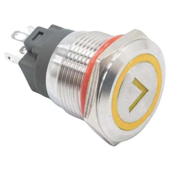 WD19A-P1-ET 19mm Düz Yaylı Işıklı Ok İşaretli Metal Buton - Sarı