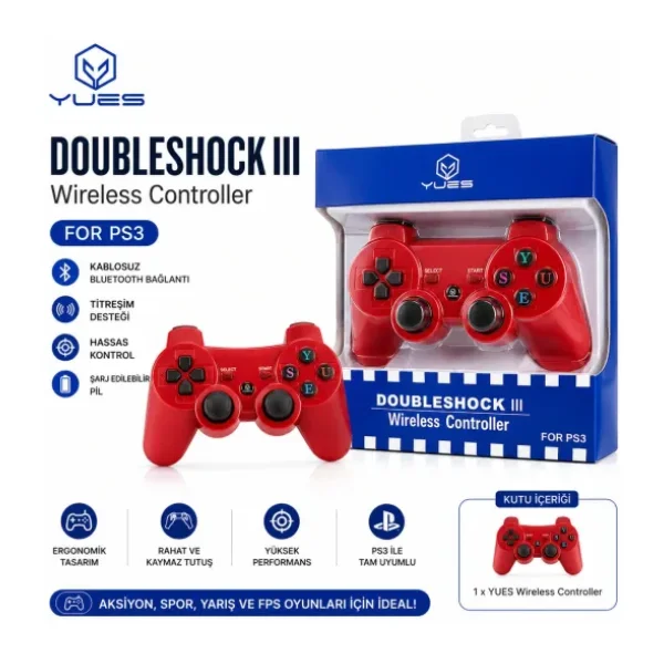YUES PS3 DualShock 3 Uyumlu Kablosuz Joystick - Kırmızı, Titreşim Destekli Şarjlı Oyun Kolu
