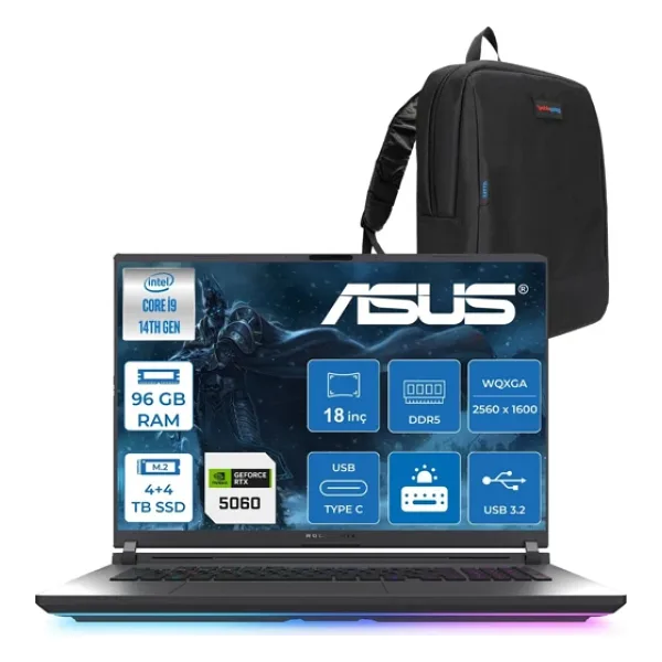 Asus Rog Strix G18 G815jmr Intel Core I9 14900Hx 96Gb 4Tb Ssd +4Tb Ssd 8Gb/Rtx5060 115W Gddr7 18" 2.5K (2560 X 1600, Wqxga) 240Hz 3Ms Freedos Taşınabilir Bilgisayar Zs9035f48+Zettaçanta