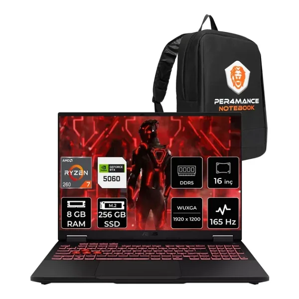 Asus Tuf A16 Ryzen 7 260 8Gb 256Gb Ssd Rtx5060/8Gb 16" Wuxga 165Hz Fdos Gaming Laptop Fa608um