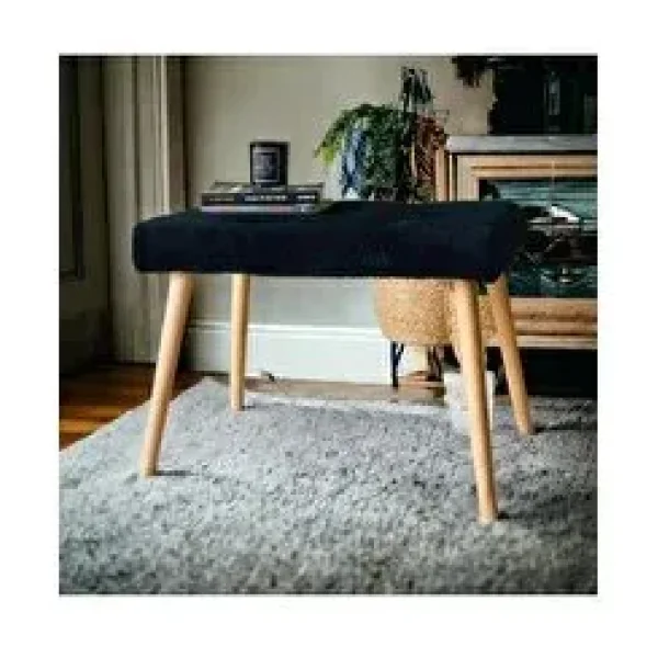 BEYLERBEYİ Gürgen Retro Ahşap Ayaklı Handmade Siyah Pofidik Puf Bench Koltuk Sandalye