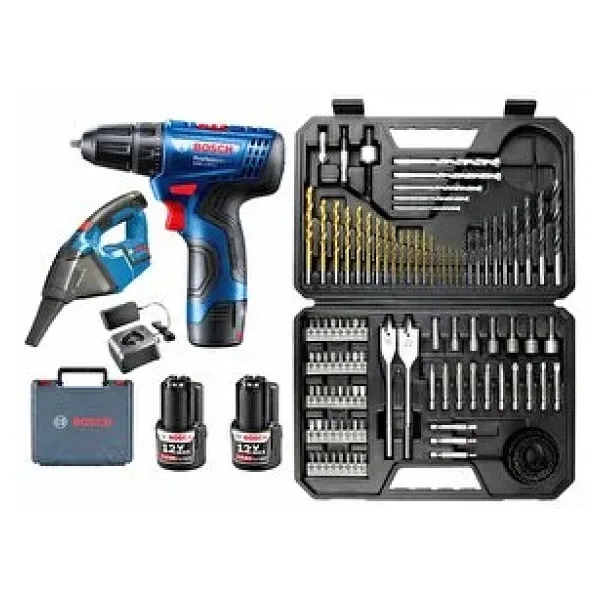 Bosch Gsr 120 Li 2 Ah Çift Akülü Vidalama + Bosch Gas 12 Şarjlı Araç Süpürgesi + Bosch V-Line 103 Parça Uç Seti