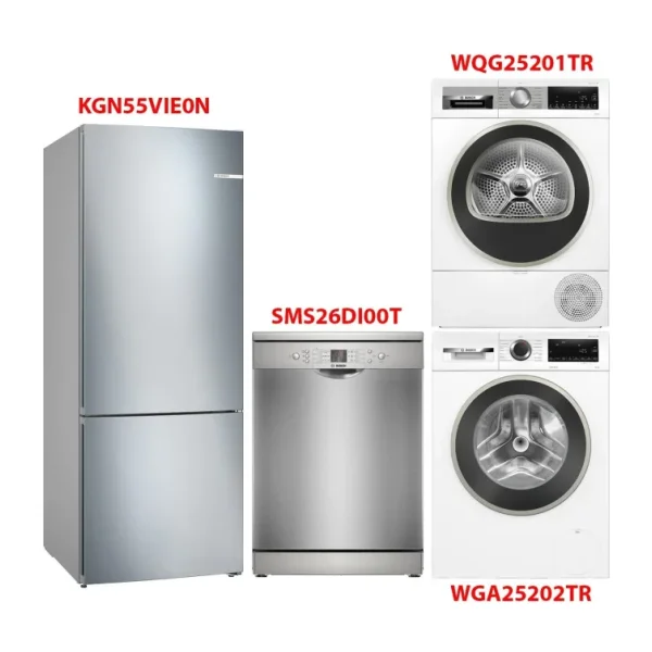 Bosch Kgn55vıe0n - Wga25202tr - Wqg25201tr - Sms26dı00t Beyaz Eşya 4'Lü Set