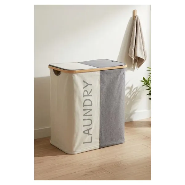 Digithome Bambu 2 Bölmeli Kirli Çamaşır Sepeti Banyo Düzenleyici Sepet 53,5X28 cm