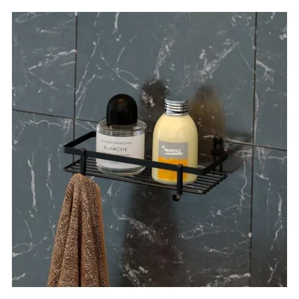 Geseus Tek Katlı Kancalı Banyo Rafı Mat Siyah ES081H