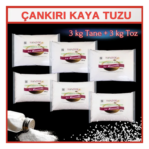 Hanzade Bitkisel 84 Mineralli Doğal Çankırı Kristal Kaya Tuzu 3 kg Toz (Öğütülmüş) + 3 kg Tane (Öğütülmemiş) - 6 kg