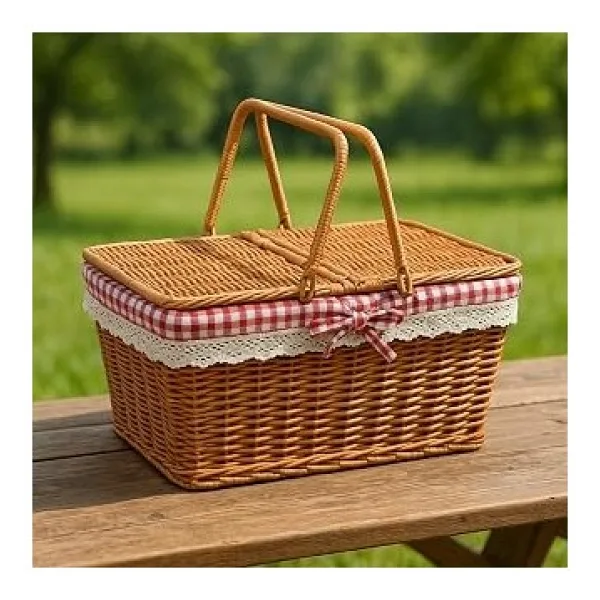 Kapaklı Hasır Piknik Sepeti - Dantelli, Kırmızı Kareli Kumaşlı, Şık ve Doğal Tasarım 39 cm