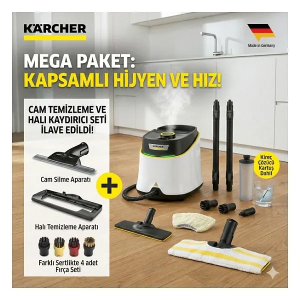 Karcher Çok Amaçlı Buharlı Temizlik Makinesi 1900W Ev Tipi Yüksek Basınçlı Buharlı Mop Fayans Parke ve Derz Temizleyici Kesintisiz Yoğun Buhar Gücü Dayanıklı Sc 3 Deluxe Seti - Beyaz