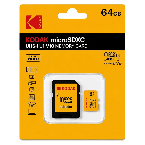 Kodak 64GB Micro SD UHS-I C10 U1 V10 Kart + Adaptör (Sarı)