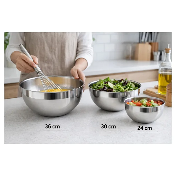 Net Çelik Paslanmaz Çelik Mayonez Kasesi Karıştırma Çırpma Kabı 3'lü Set ( 24,30,36 cm )