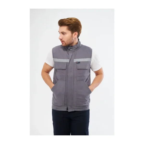 Orange Safety Gri Yelek 7/7 Gabardin %100 Pamuk Kapitoneli Reflektörlü