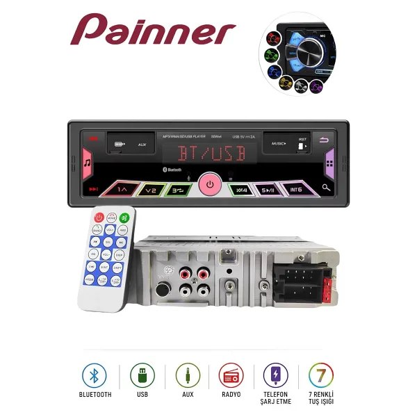 Painner Premio 2026 Özel Seri 2xusb Rgb Panel Oto Teyp Bluetooth Sd Aux 7renkli Amfi Çıkışlı Araba Teybi