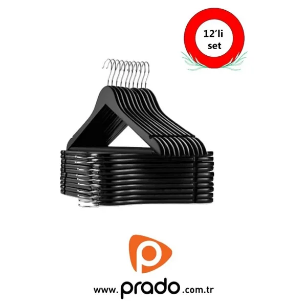 PRADO 12 Adet Ahşap Görünümlü Plastik A Kalite Siyah Elbise Askısı