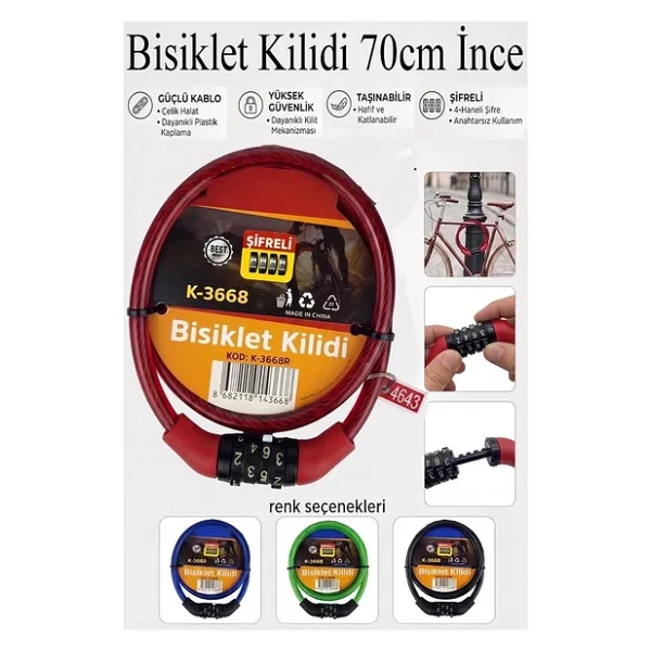 Şifreli Bisiklet Kilidi 70 cm İnce 1 Adet K-3668 Çelik Halat Plastik Kaplamalı Bisiklet Kiliti Scooter Kapı Şifreli