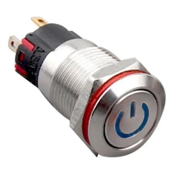 WD12A-P1-C 12mm Düz Yaylı Işıklı Power Metal Buton - Mavi