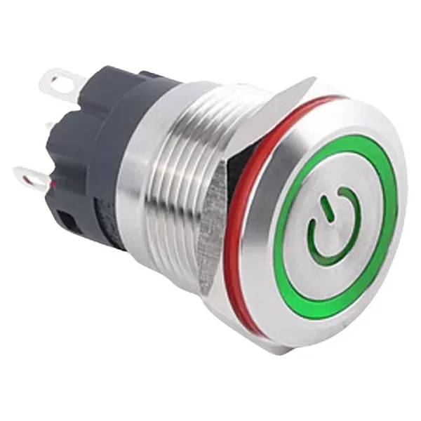 WD19A-P1-EC 19mm Düz Yaylı Işıklı Power Metal Buton - Yeşil