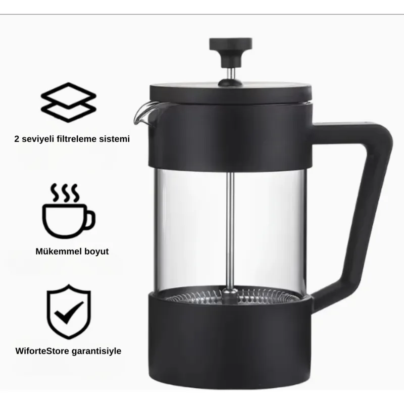 Wiforte Siyah French Press 420 ml - Isıya Dayanıklı Kahve Demleme Pressi, Ince Filtreli, Manuel Kullanım, Ev ve Ofis Için