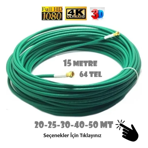 15 Metre 64 Tel Rg6/U4 Gold Uçlu Anten Kablosu 3D 4K Fullhd 1080 Tak Kullan - Yeşil