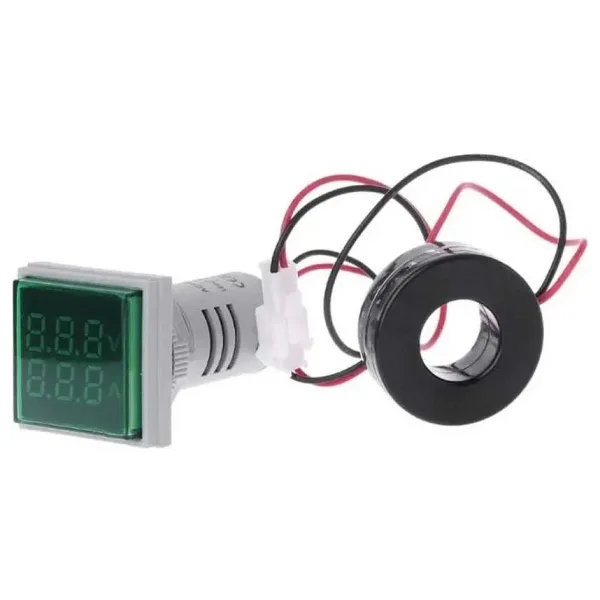 22mm Dijital Voltmetre-Ampermetre AC 20-500V 0-100A Yeşil