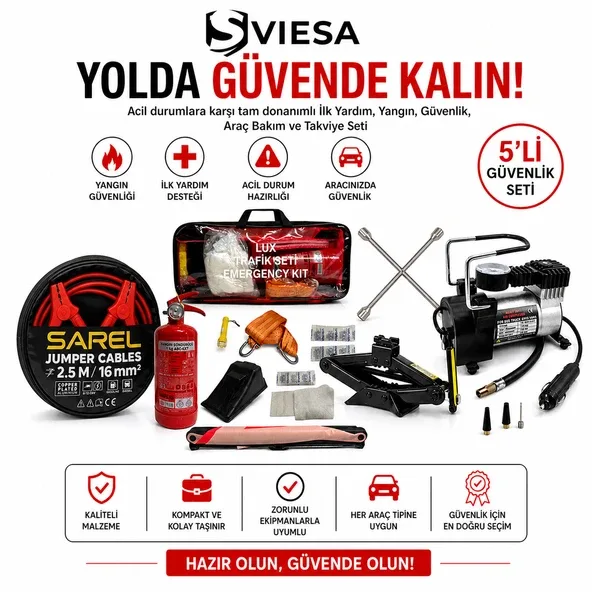 5'Li Araç Acil Durum Seti Kriko Takviye Kablosu Kompresör Bijon Anahtarı Trafik Seti Yangın Tüpü