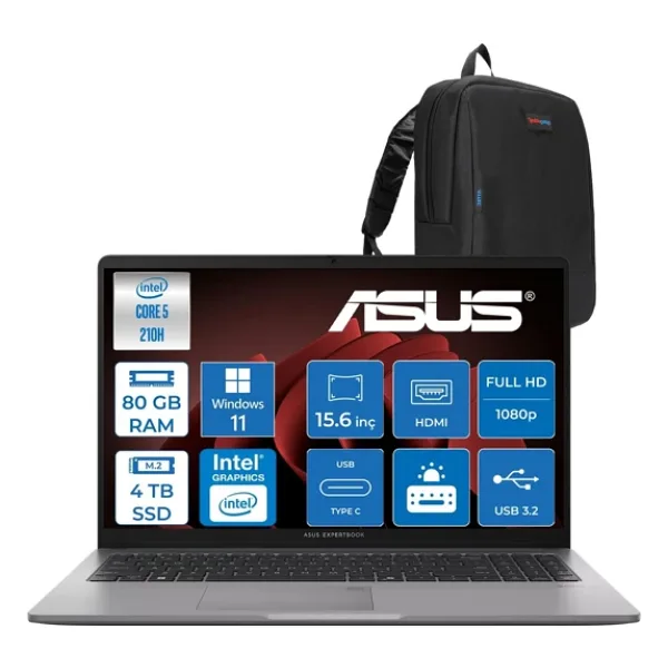 Asus Expertbook P1 P1503CVA Intel CoreTM 5 210H 80GB Ddr5 4tb SSD 15.6"fhd (1920 x 1080) 300NITS WIN11PRO Taşınabilir Bilgisayar ZC516512G0DP30+ZETTAÇANTA - 4 TB - 80 GB
