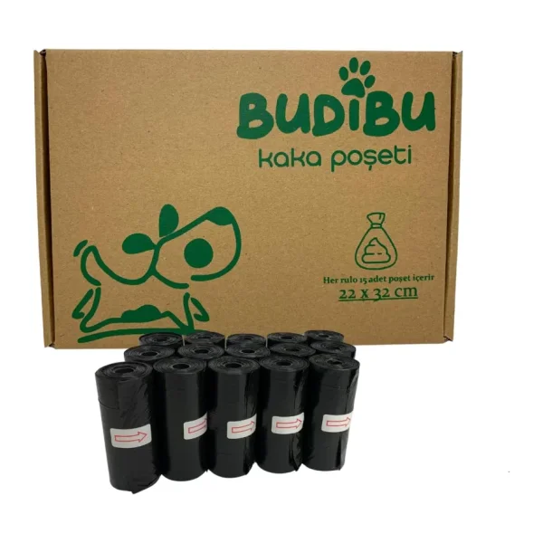 Budibu Kedi Köpek Kaka Poşeti Evcil Hayvan Dışkı Kaka Torbası 15 Rulo (225 Poşet) - Siyah
