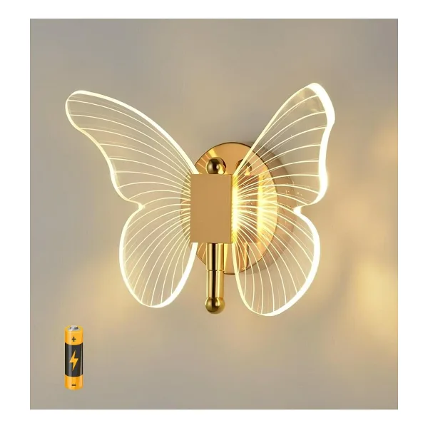 burenze Modern Tasarım Butterfly Kelebek Pilli Aplik Aç Kapa Butonlu Kablosuz Tak Çalıştır Gold Sarı