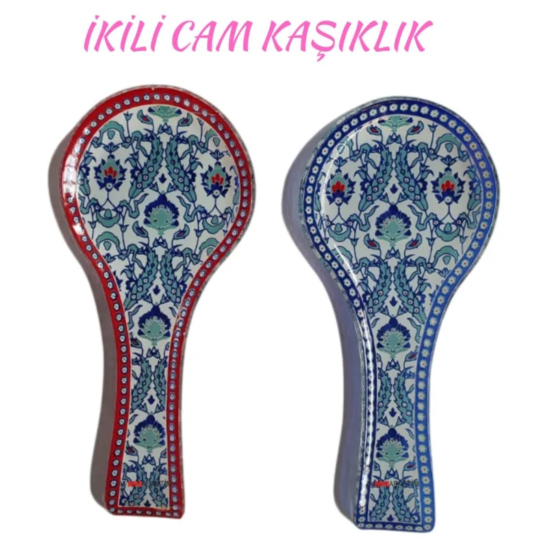 Cam Kaşıklık 2 Adet Birden Cam Kaşık Altlığı 2 Farklı Renk Kepçe Altlığı