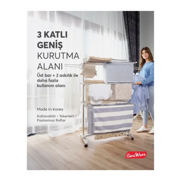 Ceraware Home S3 Premium 3 Katlı Çamaşırlık Made in Korea Tam Katlanır Tekerlekli Çamaşır Kurutmalık