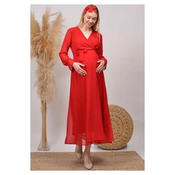 Dip Moda kadın kırmızı baby shower şifon hamile elbise HML003