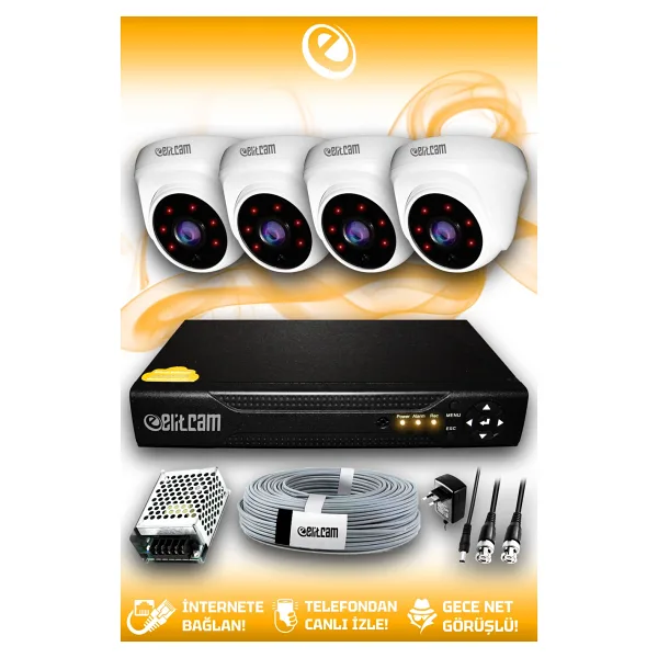 ELITCAM 4 Kameralı Dome 4 İç Kamera Set HDD'siz Full HD Gece Görüşlü Güvenlik Kamerası Sistemi