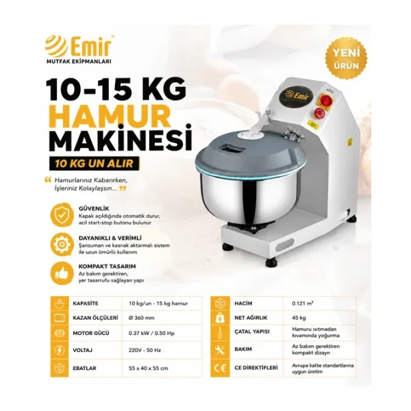 Emir 10-15 Kg Hamur Yoğurma Makinesi Kapaklı Yeni Model