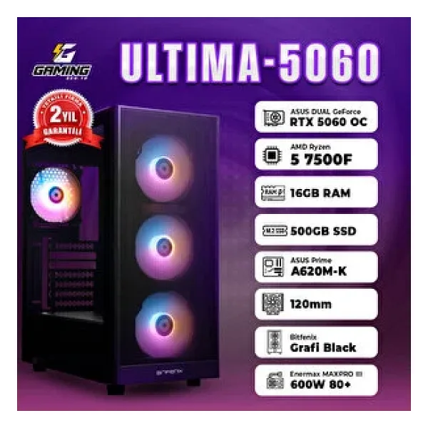 GamingGenTR Gaminggentr Ultima-5060 / Amd Ryzen 5 7500f / Asus Dual Geforce Rtx 5060 8gb / 16gb Ram / 500gb Ssd Oem Paket
